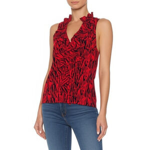Worthington Blouse PM Red Black‎ Sleeveless Notch Neck Ruffle Abstract Modern